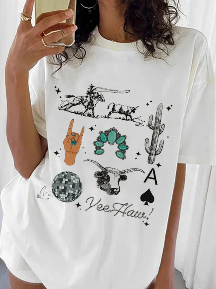 

T-Shirt Clothing Vintage Rodeo Printed Short Sleeved Top Trendy Style Cartoon Fashion Women's Printed Street Versatile T-Shirt.