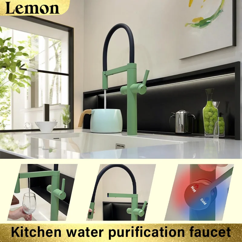 

Luxury black brass kitchen faucet with simple design, magnetic suction pull-out single handle hot and cold water sink mixer