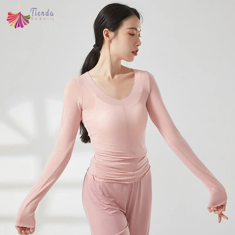 Classical Dance Top Women Stretch Long Sleeve Shirts Slightly See Through Thin Blouse Yoga Latin Practice Clothes Fit Dancewear