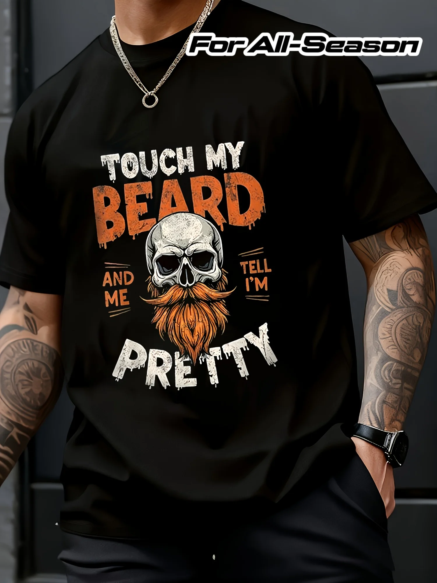 1 Beard Skull Pattern T-shirt - Soft, Men's Round Neck Short Sleeve - Casual Streetwear with Bold Orange and White Prints, Suitable for All Seasons | Bold Skull Prints | Comfortable Fit
