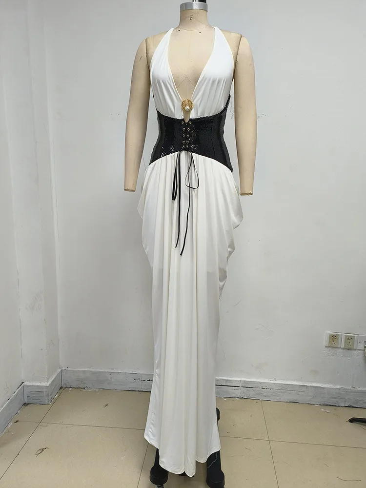 

Women’s Black and White Halter Deep V Neck Sequin Corset Draped Dress Elegant Retro Formal Evening Gown