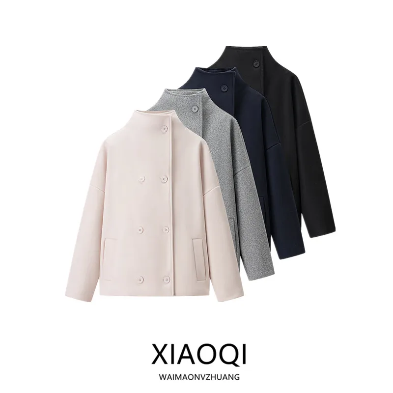 

Fall 2025 Women's Loose Long Sve Double-Breasted Versatile Commute Design ort Coat Faionable Straight Cut Pure Color