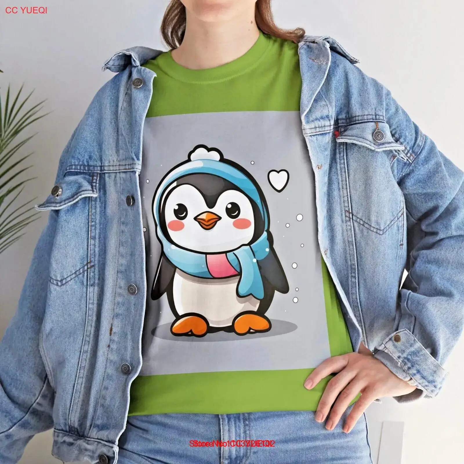 Cute Design Penguin Unisex Heavy Green Cotton Tee