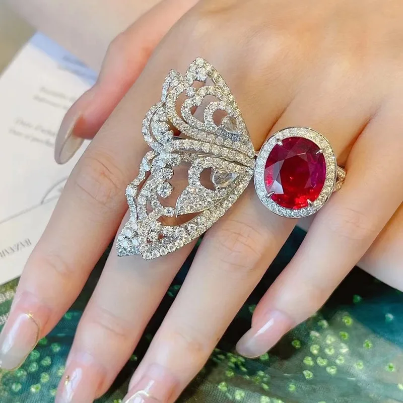 925 Sterling Silver Premium Color Treasure French Ruby Light Luxury Temperament butterfly Ring Delicate Jewelry Gift for Women