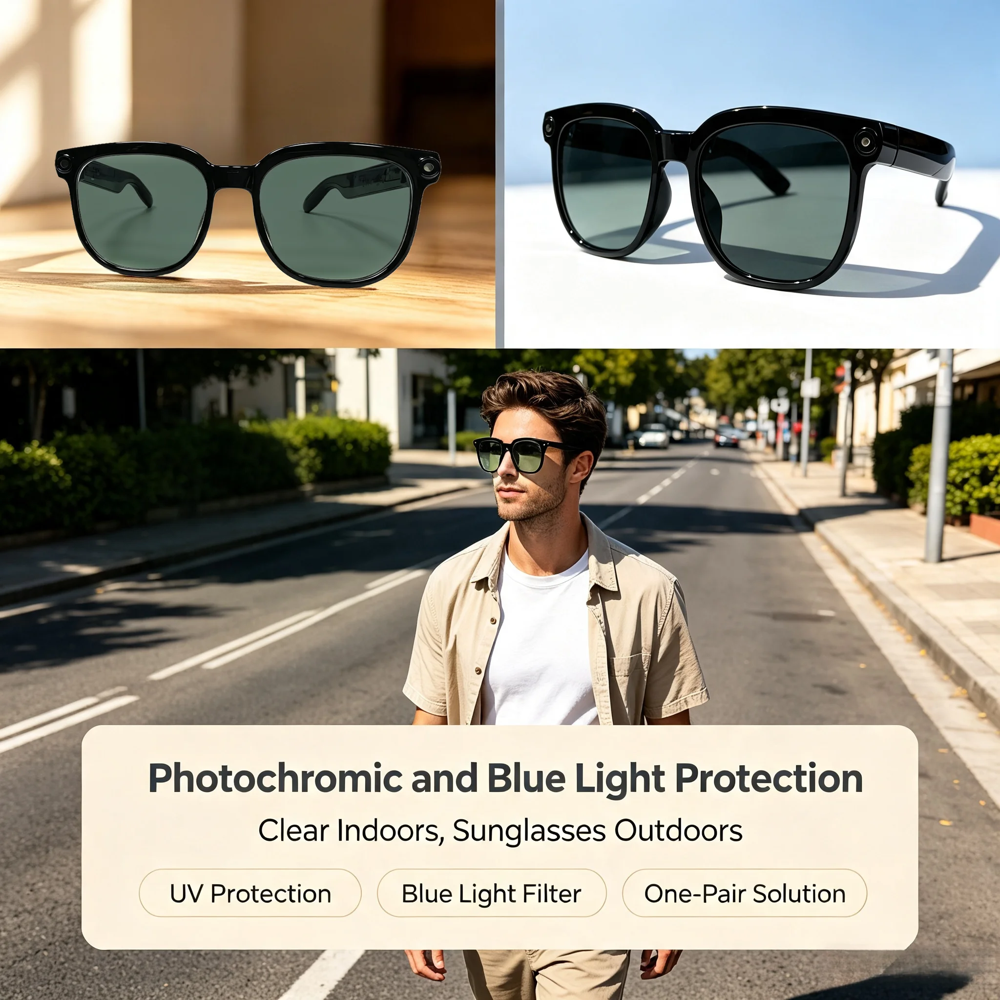 Multifunctional Smart Camera Glasses, HD 8MP Video & Audio Recording, Bluetooth‑Enabled Photo‑Sensitive Color‑Changing Lenses, Real‑Time Translation, Object Identification, Voice Assistant for Hands‑Free Calls and Music