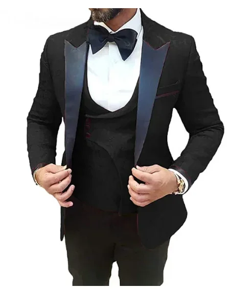 

Black Jacquard Men Suits Black Peak Lapel Wedding Costume Homme Slim Fit Tuxedos GroomProm Blazer Terno Masculino Jacket+Pants)