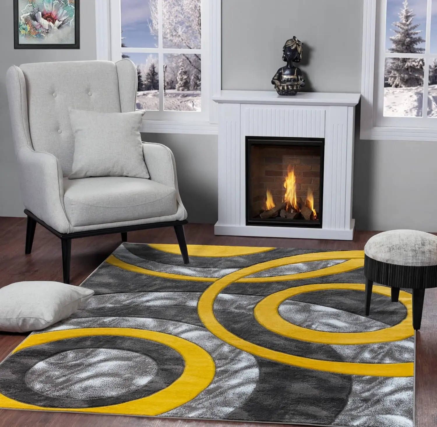 8x10 Yellow Circles Geometry Soft Hand Carved Contemporary Floor Carpet Fluffy Texture for Indoor Living Dining Room Area