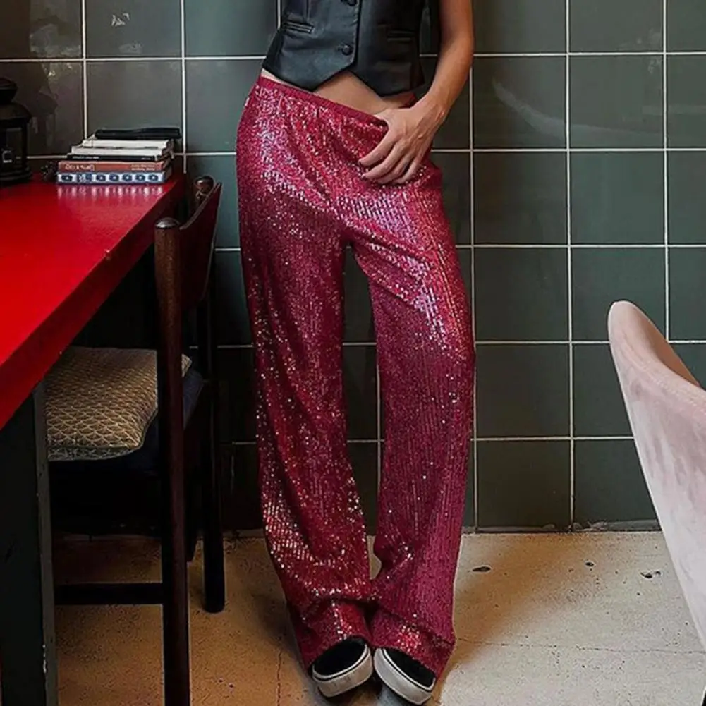 Wide-leg Trousers for Women Sequin Embellished Wide Leg Pants for Women Mid-rise Elastic Waist Trousers with Shiny Details