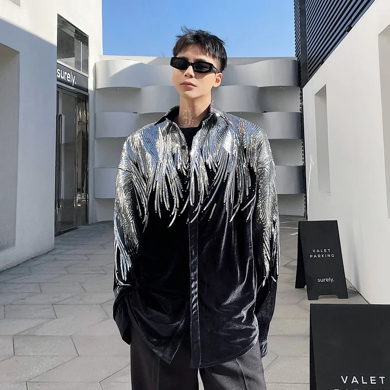

Reflective Silver Sequin Wings Shirt Men's Stage Performance Coat Velvet Jacket Loose Fit Long Sleeve Youth Fashion Spring
