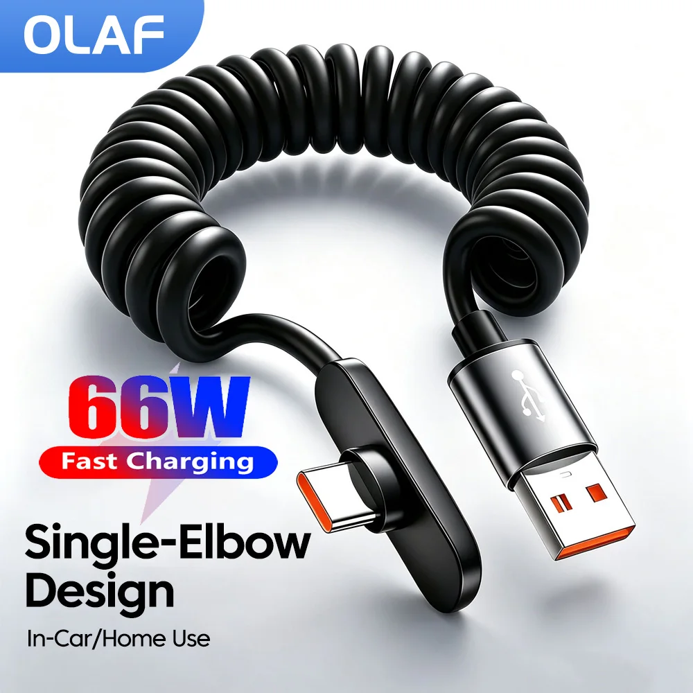 90° Elbow 66W USB Type C Cable Fast Charging Spring Data Cable Quick Charge For Huawei Xiaomi USB C Data Cord Retractable Cable