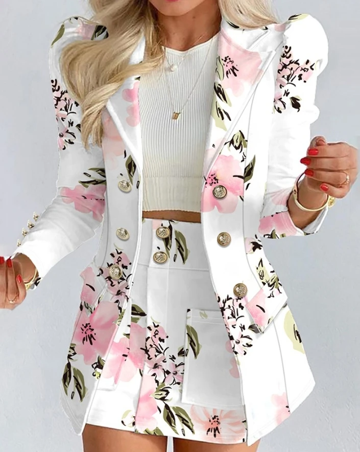 

Female Clothes Elegant Floral Print Puff Sleeve Double Breasted Suit Coat & Skirt Set Commuting Women's New Fashion Blazer Sets