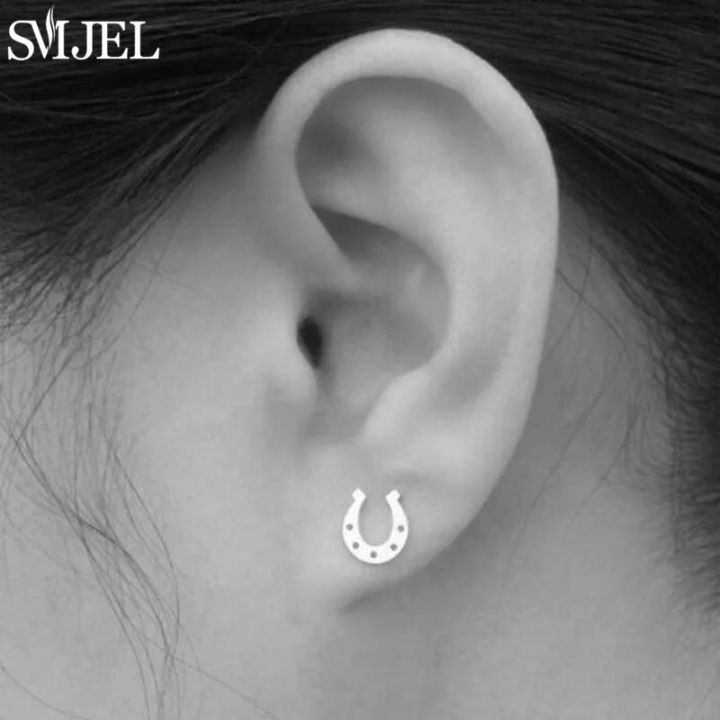 SMJEL Stainless Steel U Shape Stud Earrings Black Minimalist Horse Shoe Earing for Women Men Punk Jewelry boucle d\'oreille femme