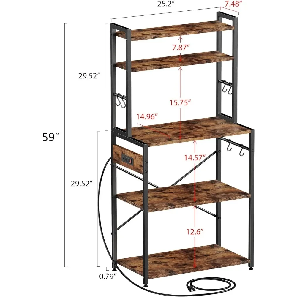 

Kitchen Bakers Rack with Power Outlet-5-Tier 25.2 Inch Metal Storage Shelf for Microwave, Coffee Bar, Spice, Customized