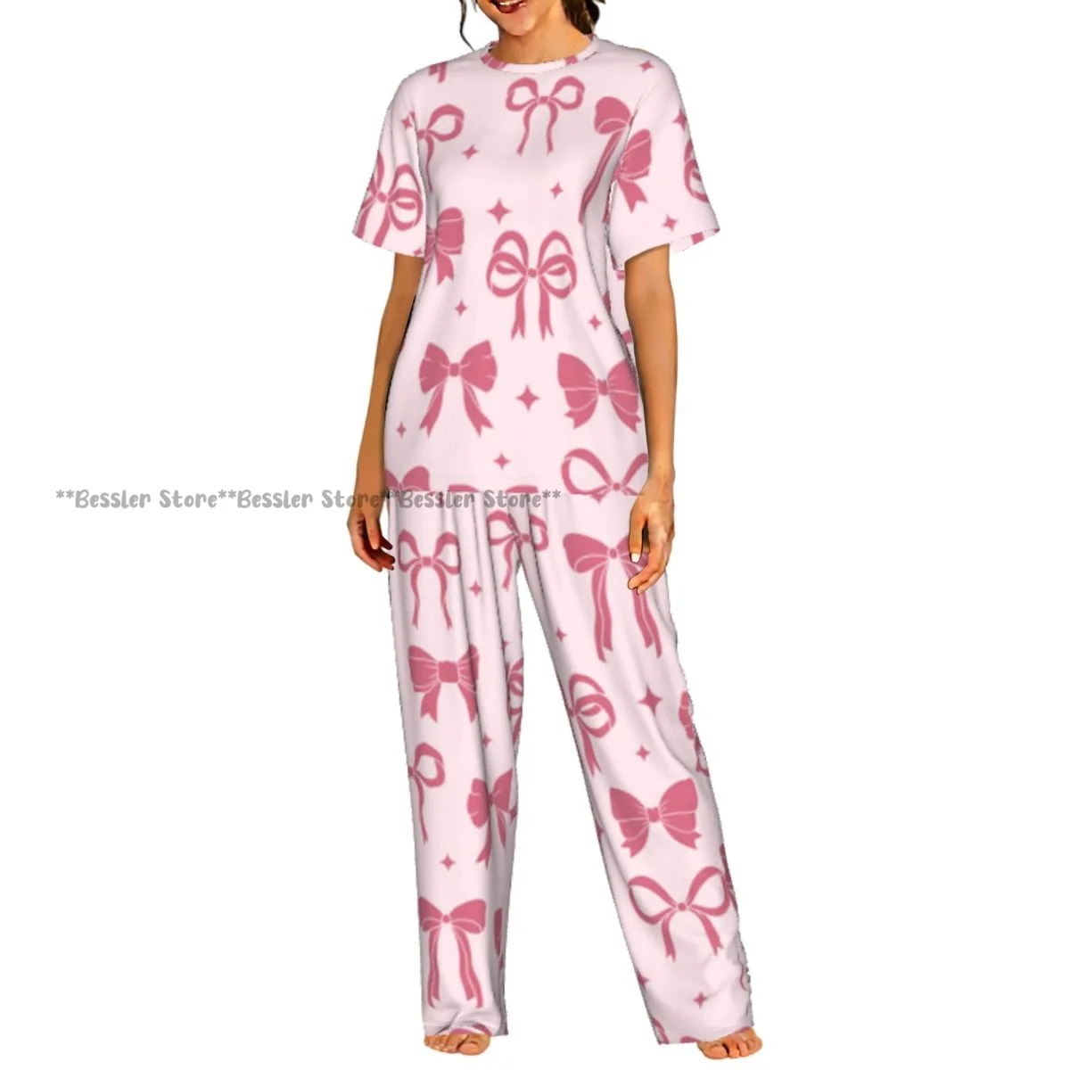 

Женский комплект из 2 предметов: пижама с розовыми бантиками и узором из лент, топ с короткими рукавами и брюки, одежда для сна