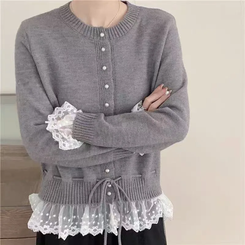 Fall/Winter 2025 New Design Sense Lace Sweater Knitted Cardigan Jacket Women's Casual Style Small Man Cropped Top