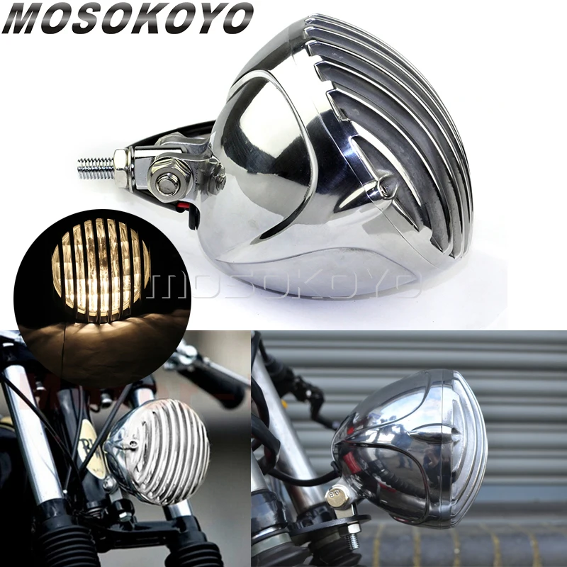 Motorcycle Finned Grill Headlight For Harley Cafe Racer Chopper Bobber Touring Dyna Custom XS650 CB750 5\