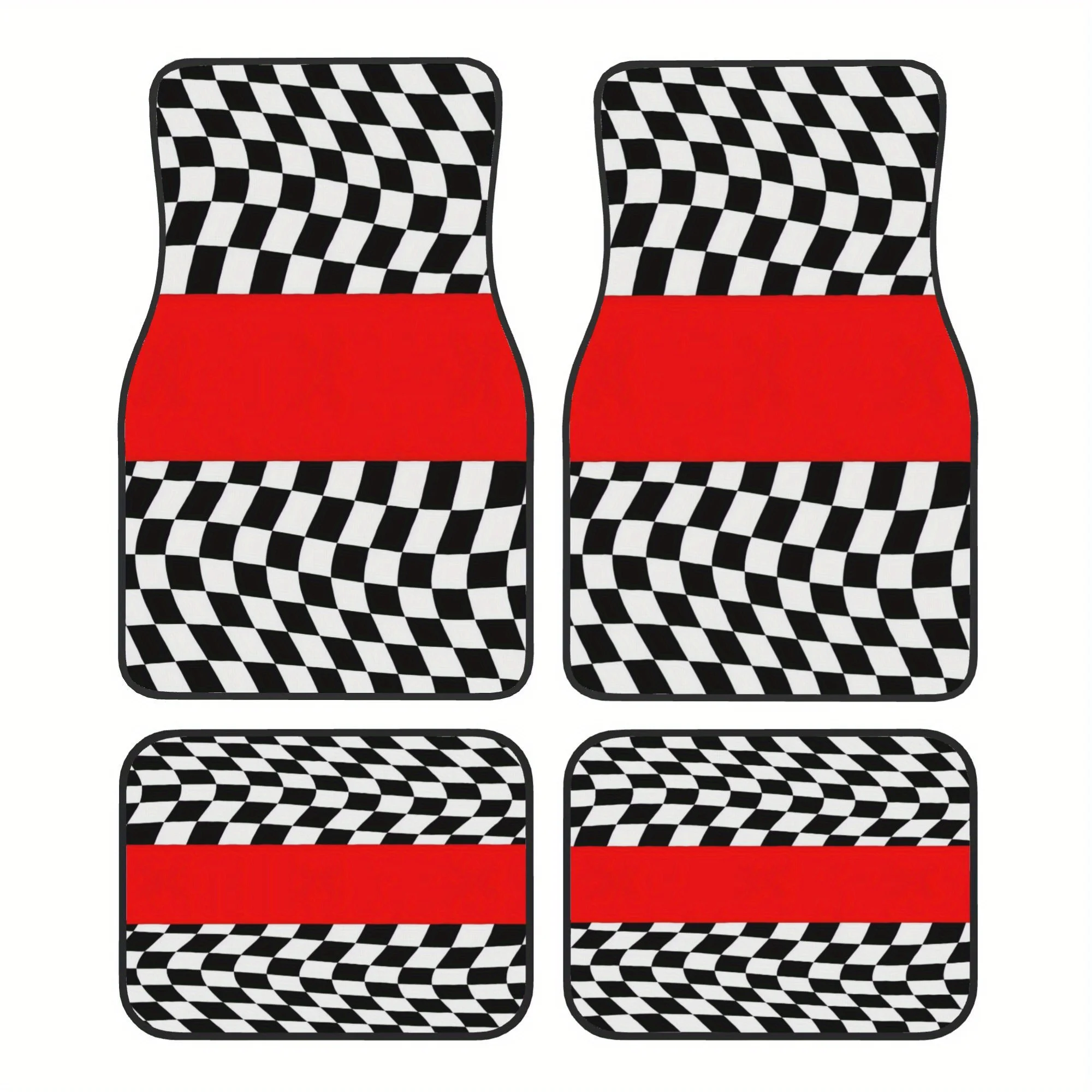 4pcs Set Of Black And White Optical Illusion Plaid Car Mats, Durable Material, Suitable For Various Car Models, Creative Design,