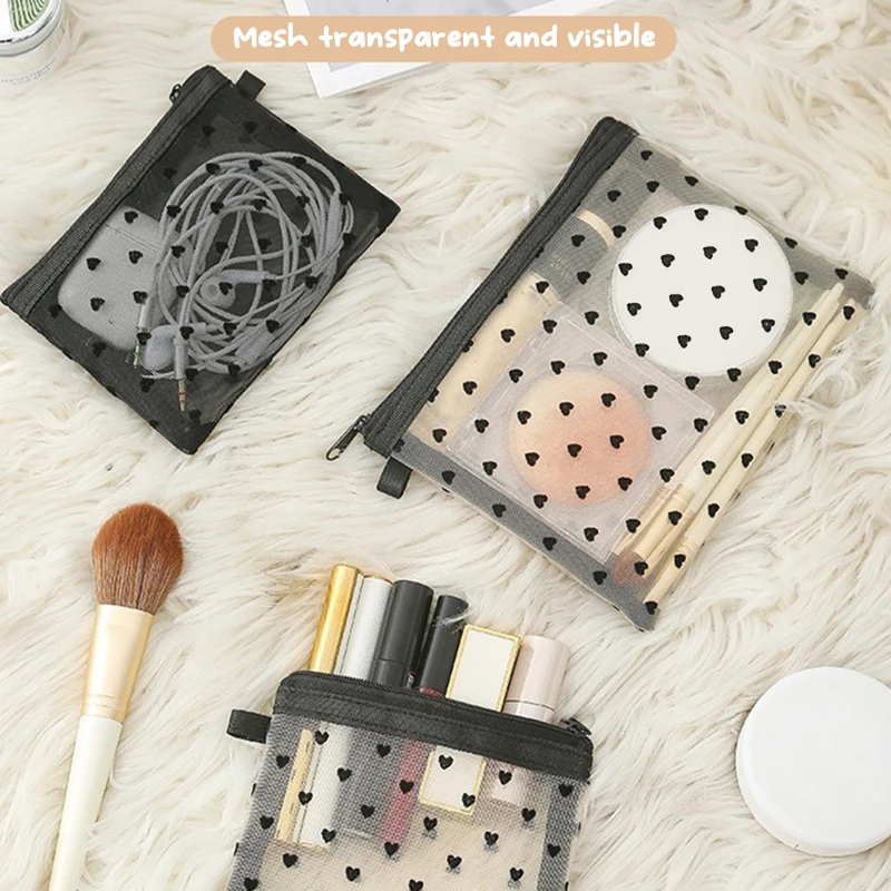 Love Heart Mesh Cosmetic Makeup Bags Wallet Transparent Zipper Storage Bag Pencil Case Lipstick Bag Portable Travel Wash Bag