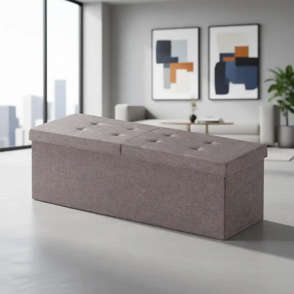 

45 Storage Ottoman with Illuminated Top, Upholstered Tufted Bench, Foot Rest, Brown, 14.96D x 44.88W x 14.96H