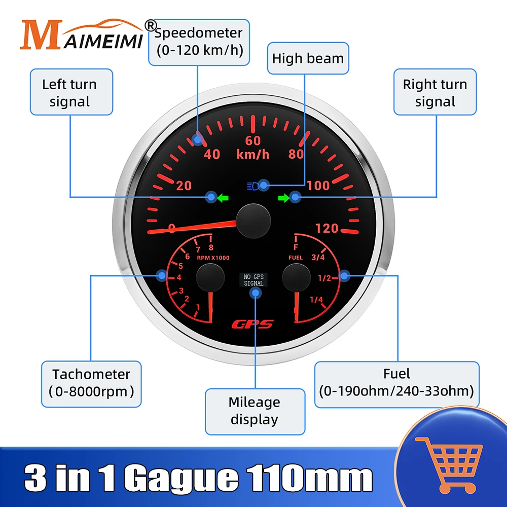 

Universal 110MM GPS Speedometer Gauge 120kmh / 200KMH Speed Gauge 8000 RPM Meter Tachometer Fuel Level Meter 3 In 1 Car Gauge