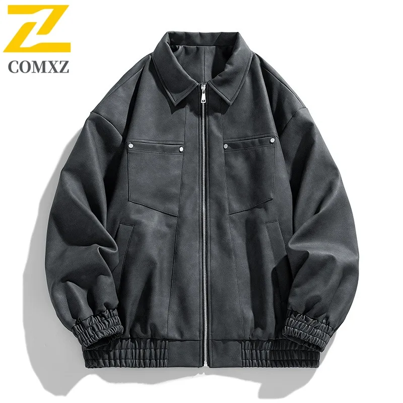 

COMXZ пальто из искусственной кожи, утолщенная удобная свободная уличная рабочая мужская куртка-ветровка, 2025 г., износостойкие куртки для кемпинга