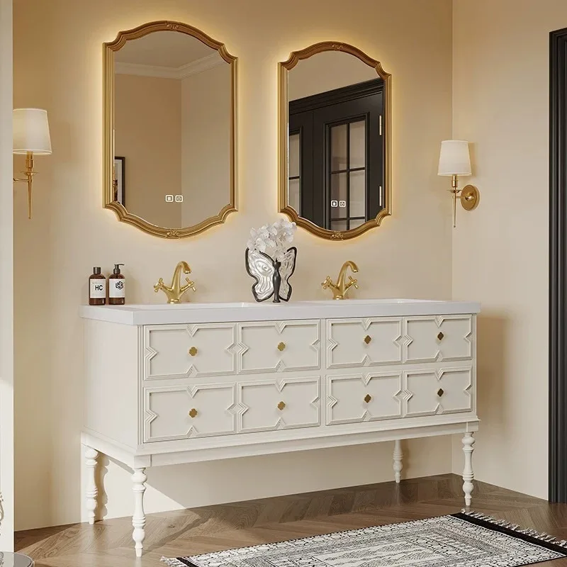 French vintage oak bathroom cabinet combination floor-standing slate hot bending integrated basin sink basin cabinet