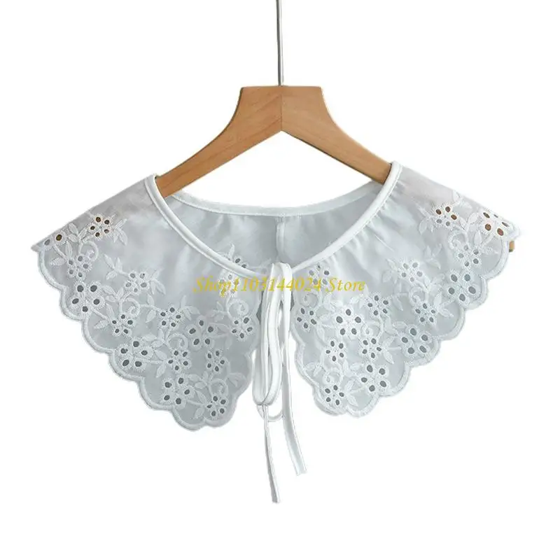 N5KE Women Sweet Girls Multifunctional Faux Collar Shawl Hollow Out Embroidery Little Floral Scarf Scalloped Trim Mini