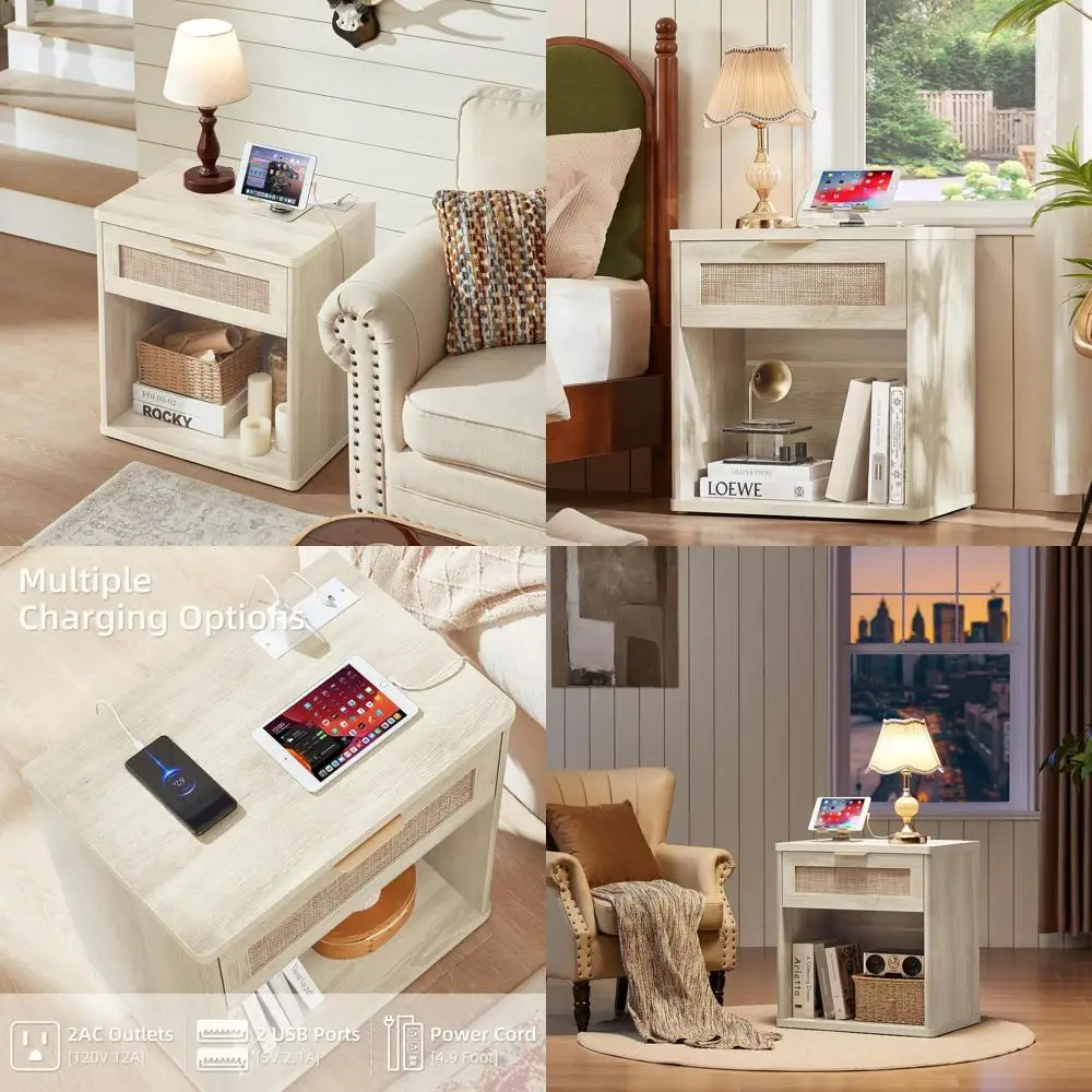 

Широкий прикроватный шкафчик в богемном стиле с зарядной станцией, серо-белый, с открытыми полками для спальни, гостиной, прихожей