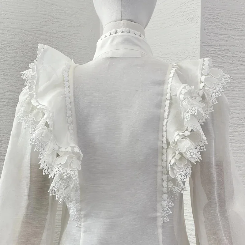 

Весна-лето 2025: белая кружевная лоскутная блузка с длинными рукавами и бриллиантами, топы, рубашки для женщин