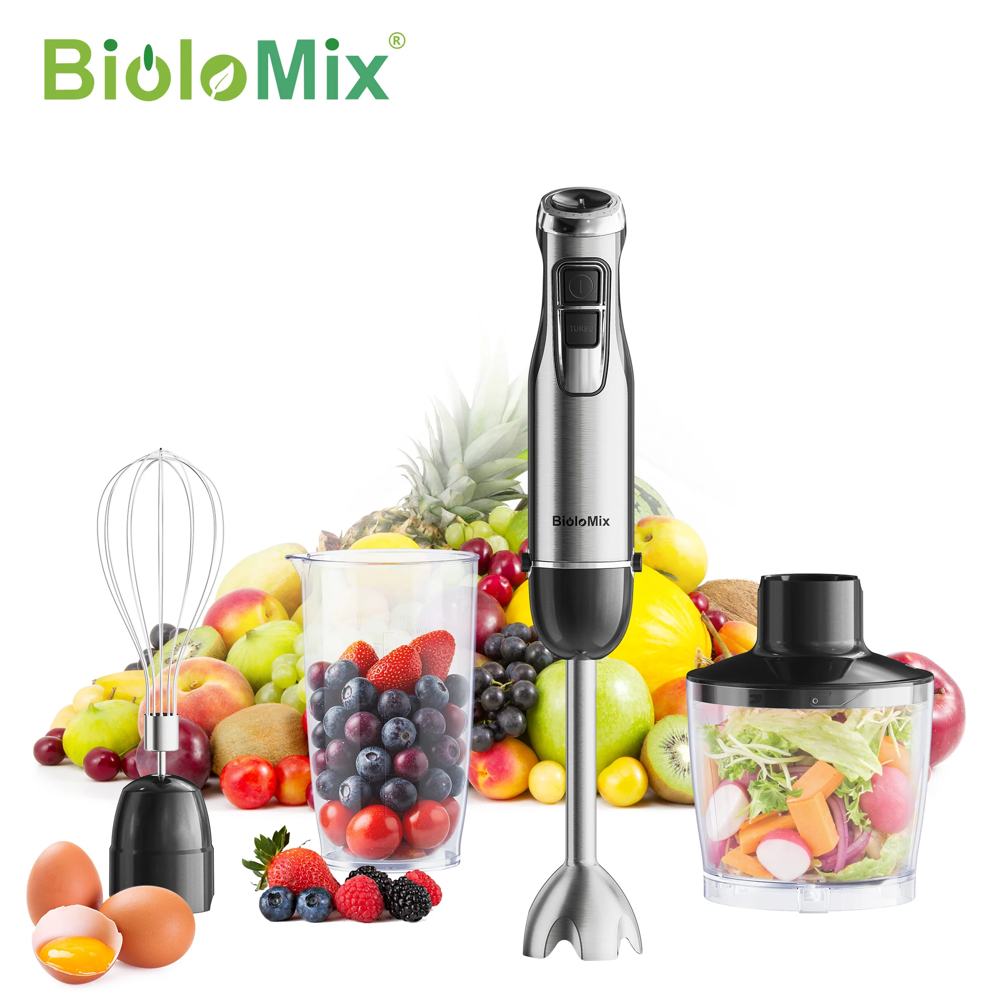 BioloMix 4-in-1-Hochleistungsmixer mit 1200 W, Stabmixer, Mixer, inklusive Zerkleinerer und Smoothie-Becher, Eisklingen aus Edelstahl
