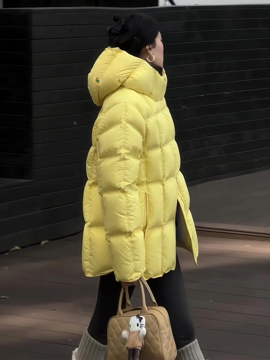 Jaet acolchado Faion de invierno para mujer, abrigo de plumón amarillo ultra cálido, cierre de cremallera largo, corte recto de longitud media