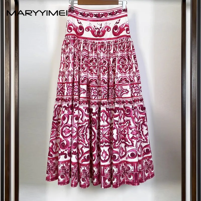 Summer Designer Print Cotton Skirt Women's High Waist Ruched Holiday Casual A-line Mid 2024 Luxury Brand High Quality