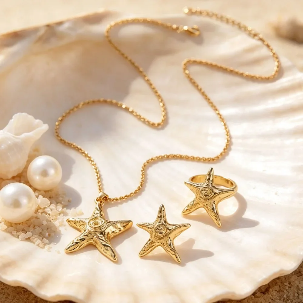 Y2K Punk Boho Metal Star Starfish Jewelry Set, Choker Necklace & Stud Earrings, Trendy Fashion Accessory Gift for Women
