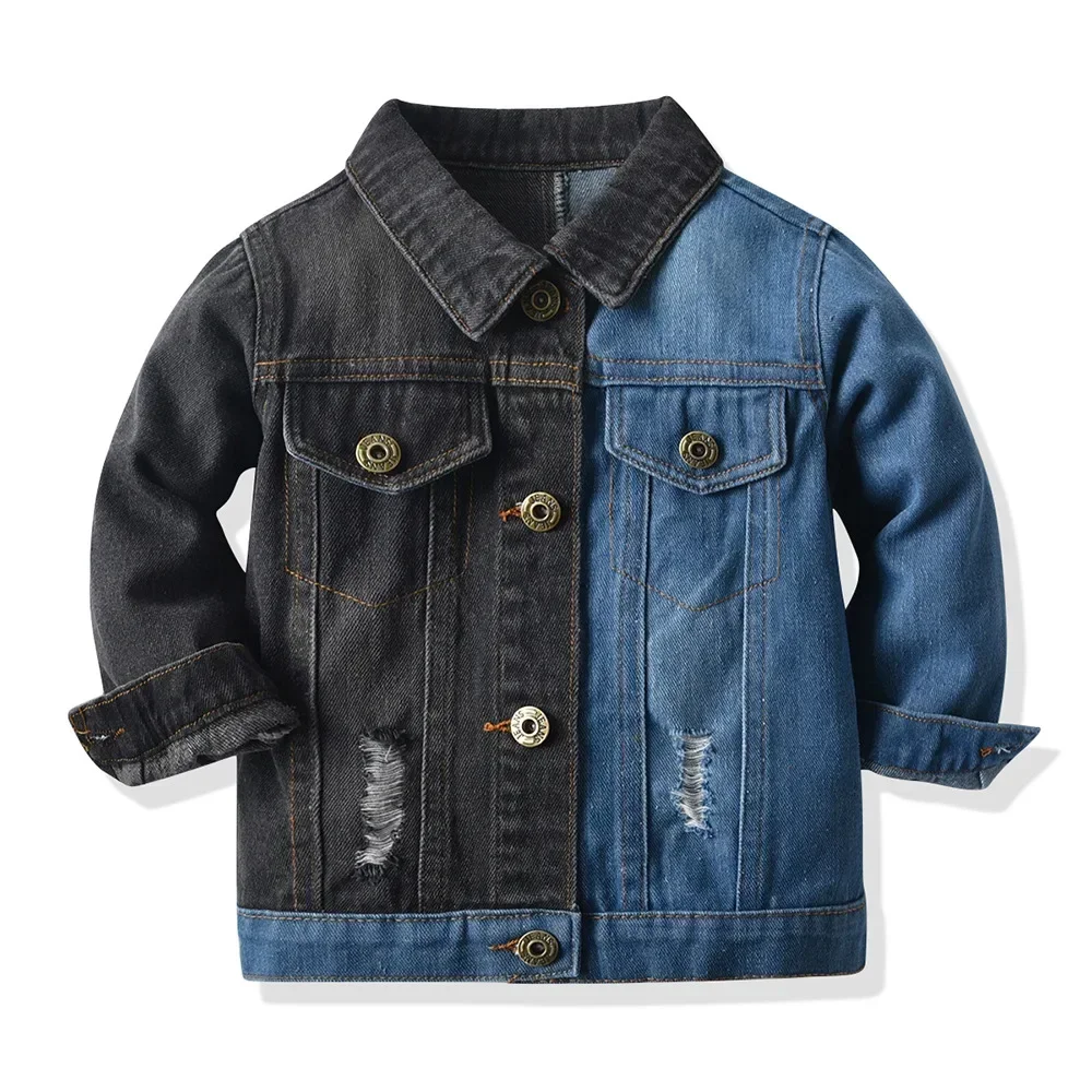 

70-140cm Children Boys' Casual Denim Jacket Black&blue Spliced Color Fashion Street Boy Jean Coat Turn-down Collar with Hole