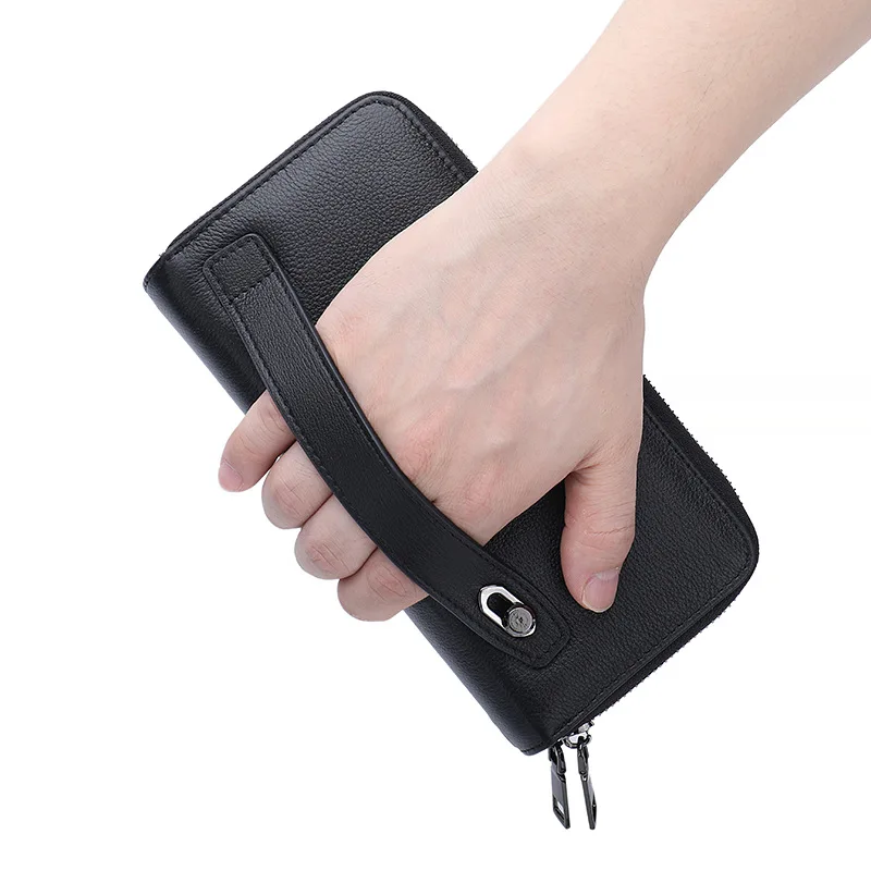 محفظة جلدية أصلية سوداء رجل عادية محفظة جلدية البقر الحقيقي سعة كبيرة الذكور جلد البقر مخلب حقيبة اليد مع السوار