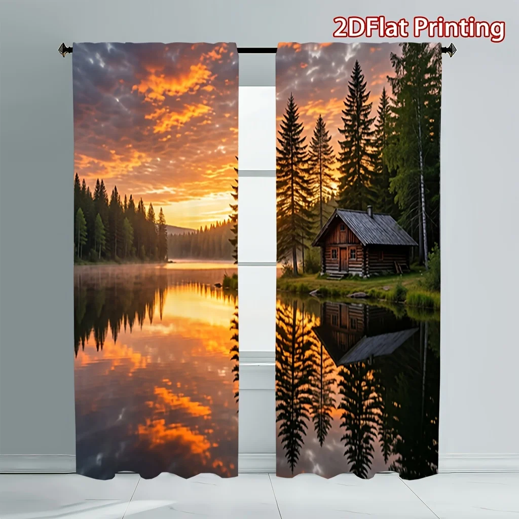 Stunning Sunset Over Mountain Lake Forest Cabin Landscape Curtain Home Decor Waterproof Print