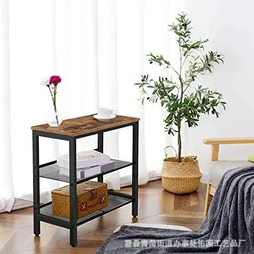 Retro home living room s-shaped shelf multi-layer ornament magazine shelf iron and wood combined with simple sofa edge