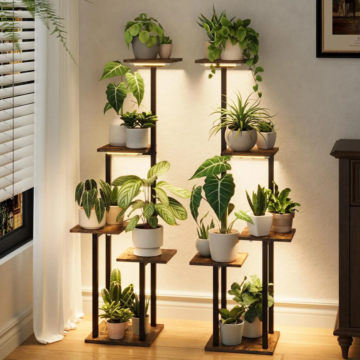 Paquete de 2 soportes para plantas de esquina de 5 niveles con luz de cultivo: estante de metal y madera para plantas de interior en sala de estar, patio