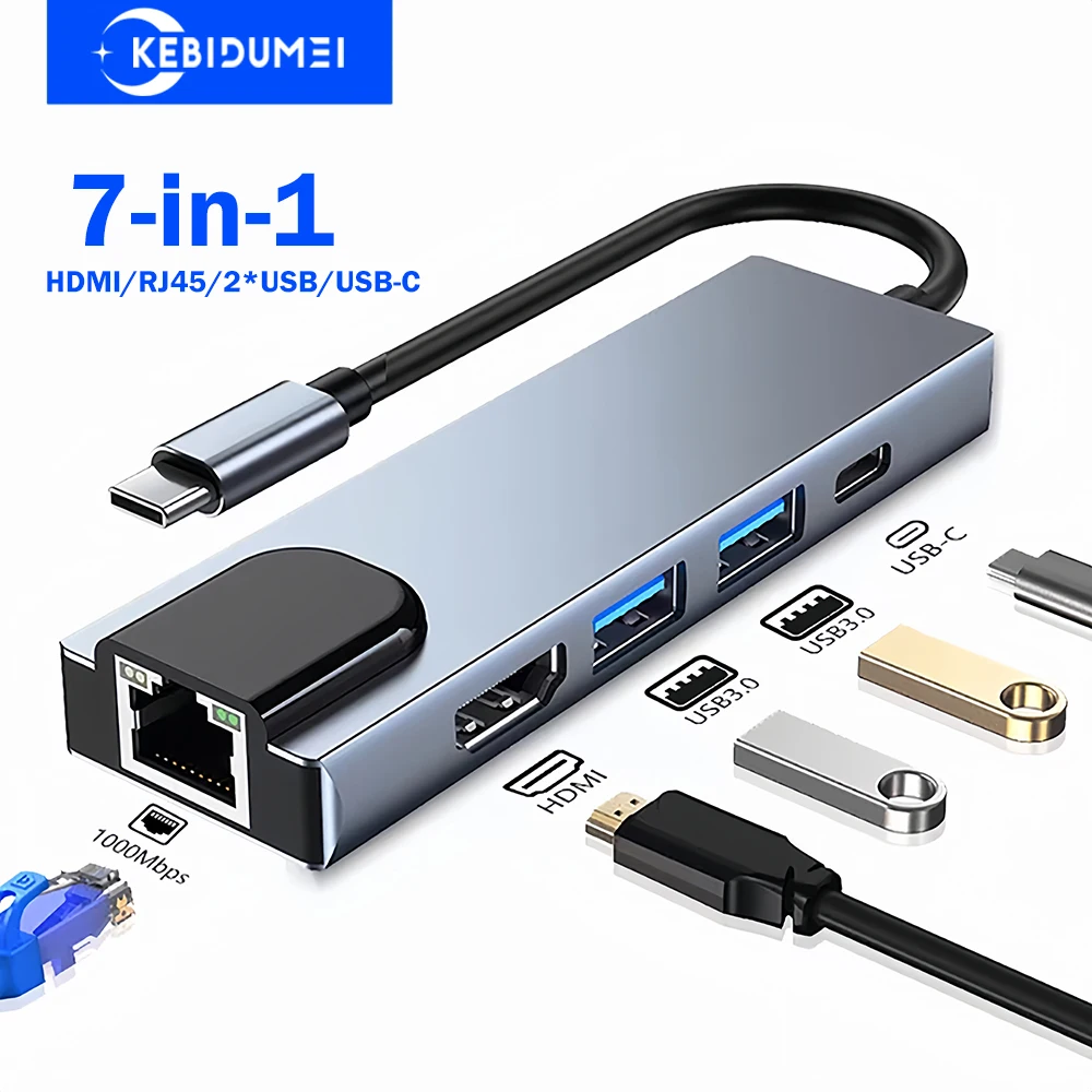 

Док-станция 5-в-1 USB C Адаптер типа C к 4K HDMI 1000M Разветвитель RJ45 USB 3.0 5 Гбит/с Высокоскоростной концентратор USB C для ноутбука Macbook