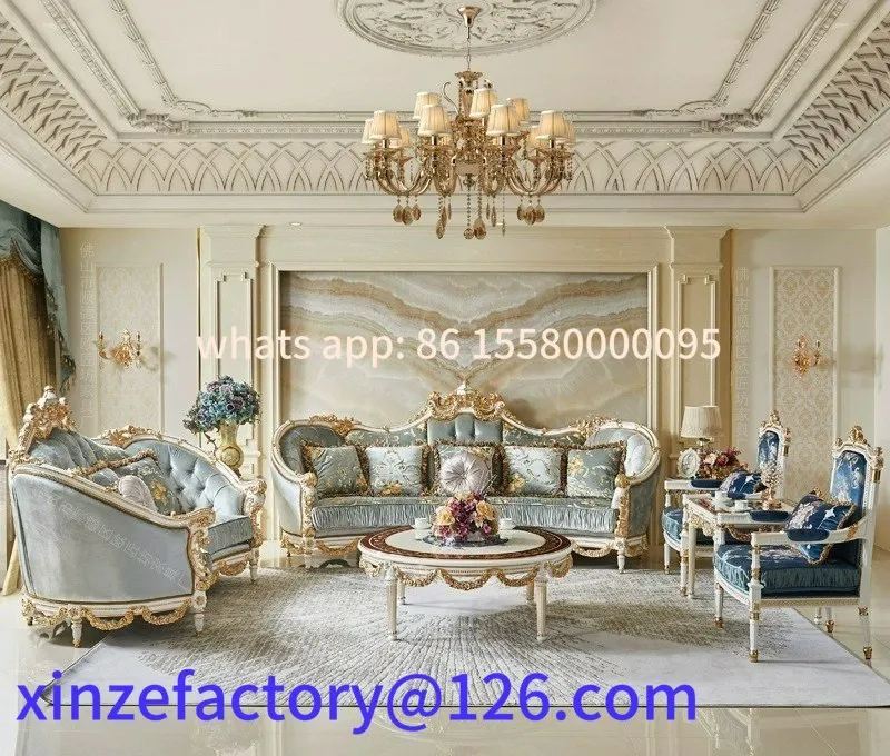 

Customizable French sofa luxury fabric solid wood carving flower gold leaf
