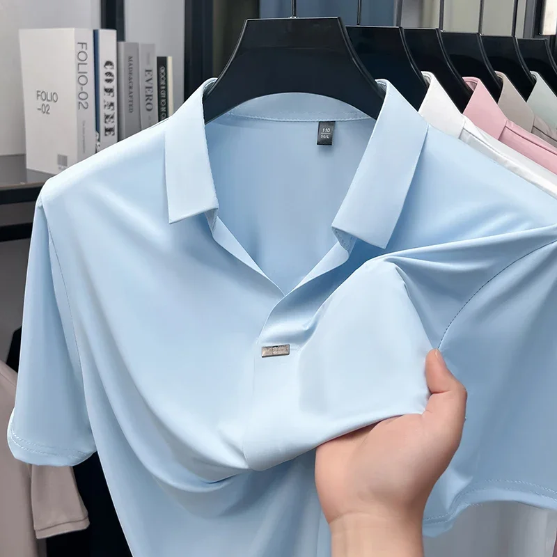 Summer male notch collar casual shirt one hidden metal buckle smooth cooling fabric sweat wicking daily commuting garment
