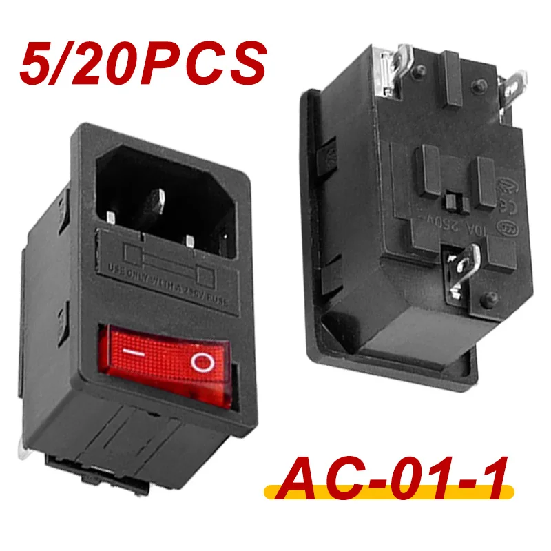 5Pcs 250V AC Socket Red LED 10A Fuse Electrical Rocker Switch Male Plug Female Socket Connector