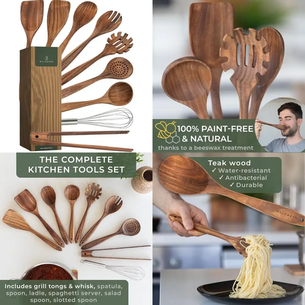 

9-Piece Eco-Friendly Wooden Kitchen Utensil Set: Spatula, Tongs, Whisk, Spoons, Pasta Server - Non-Toxic Cooking Tools