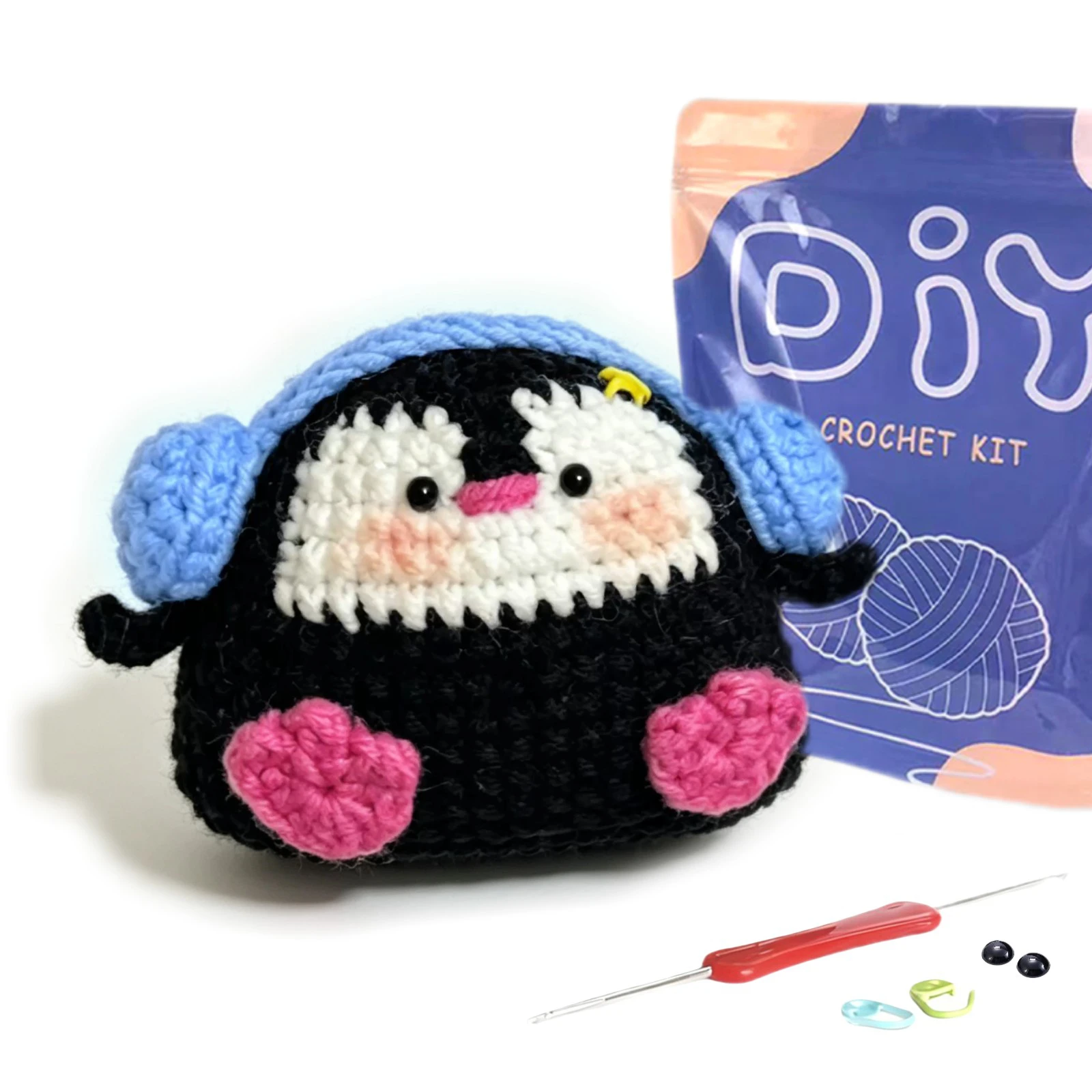 Crochet Kit for Beginners, 1 Set Cute Penguin with Headphones Amigurumi Crochet Supplies Pack, Complete with Step-by-Step Video