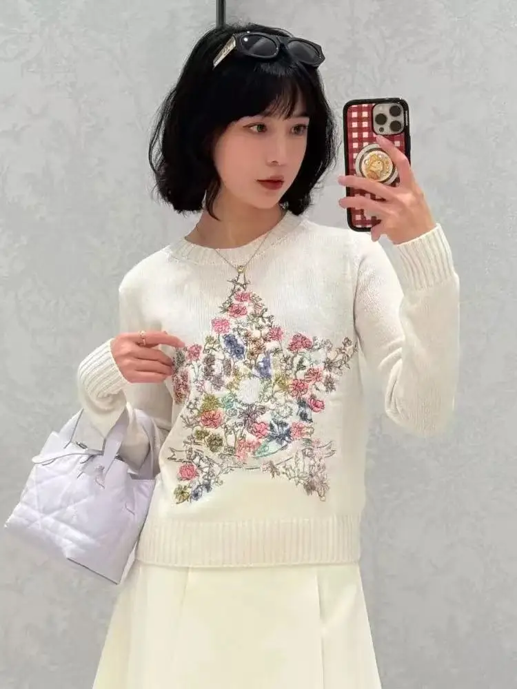 Estrela bordado camisola de malha pulôver feminino 2025 inverno manga longa em torno do pescoço malhas topos vintage elegante jumpers