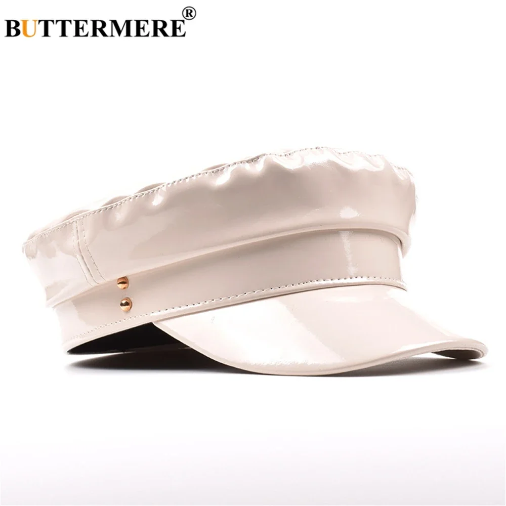 BUTTERMERE Patent Leather Military Hat Women Solid Yellow Fashion Hats Ladies Flat Cap Spring Autumn Female Brand Sailor Hat