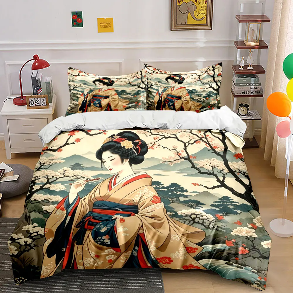 Oriental Vintage Japanese Kimono Lady Plum Blossom Mountain Bedding Set,Watercolor Cherry Lake Print 1 Duvet Cover 2 Pillowcase