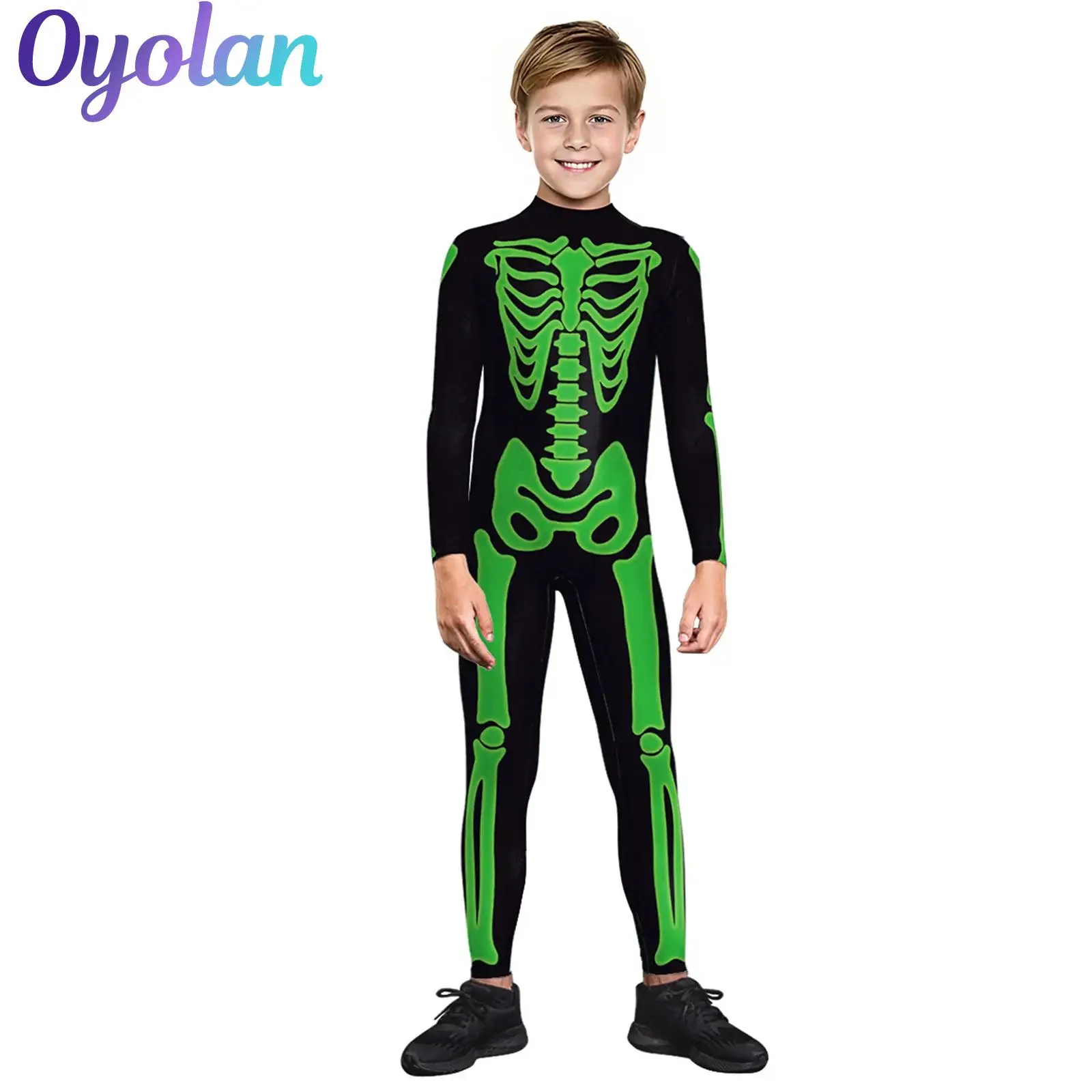 

Boys Girls Halloween Skeleton Cosplay Costume Back Invisible Zipper Skeleton Stretch Tights Zentai Jumpsuit Festival Catsuit