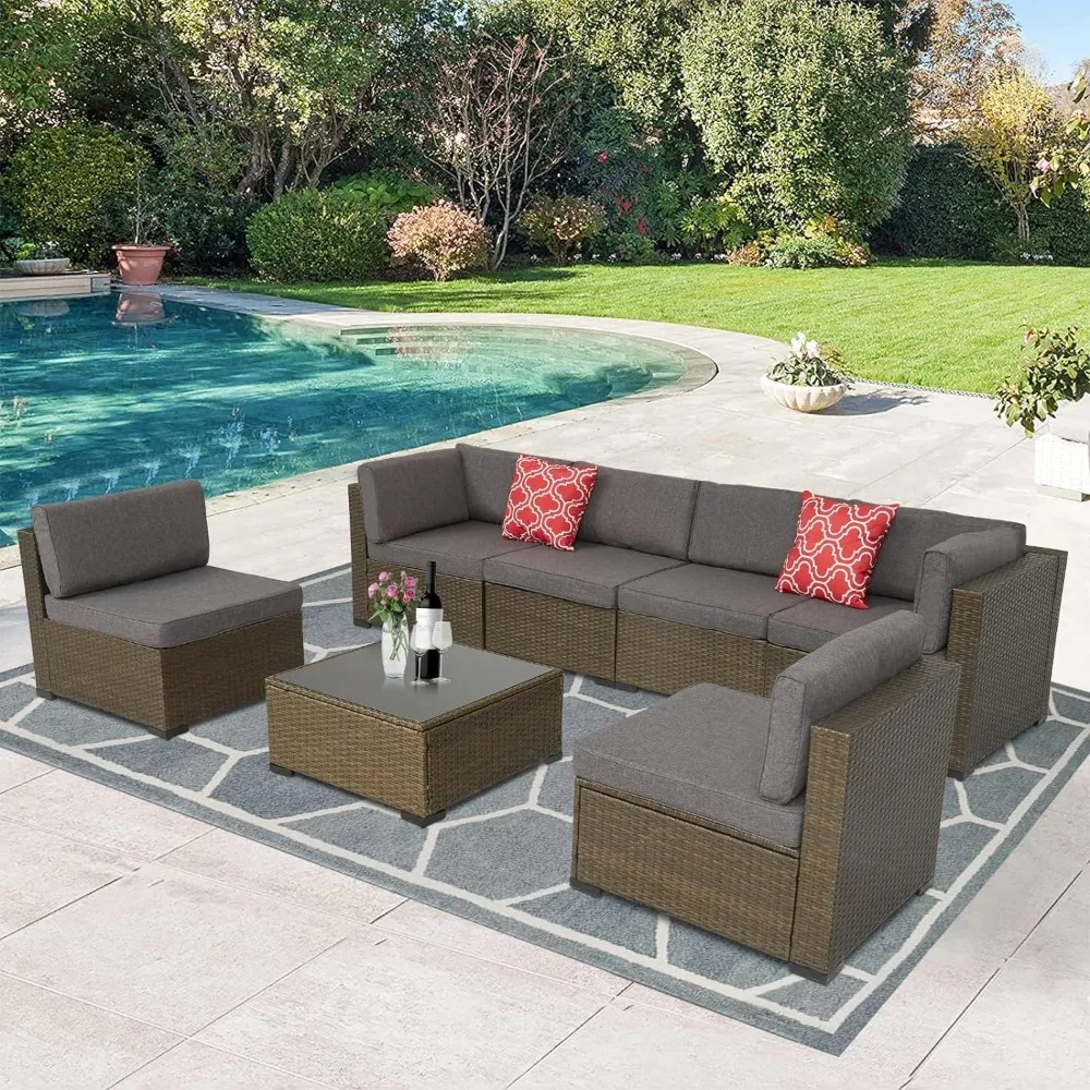 7 Piece Outdoor Patio Furniture Set Wicker Sectional Sofa with 2 Pillows and Tea Table Patio Rattan Chair Sofa mesa acampamento