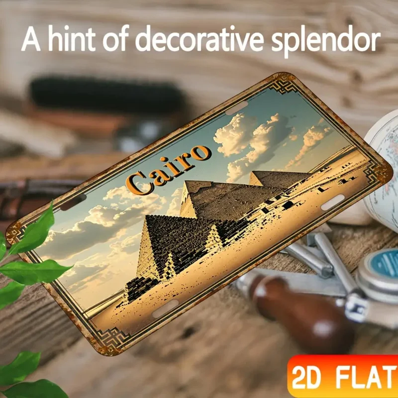 لوحة لافتة ديكور جدارية معدنية عتيقة من الألومنيوم مكونة من قطعتين - تصميم كايرو بيراميدز ريترو، فن للمنزل والمقهى والمطعم